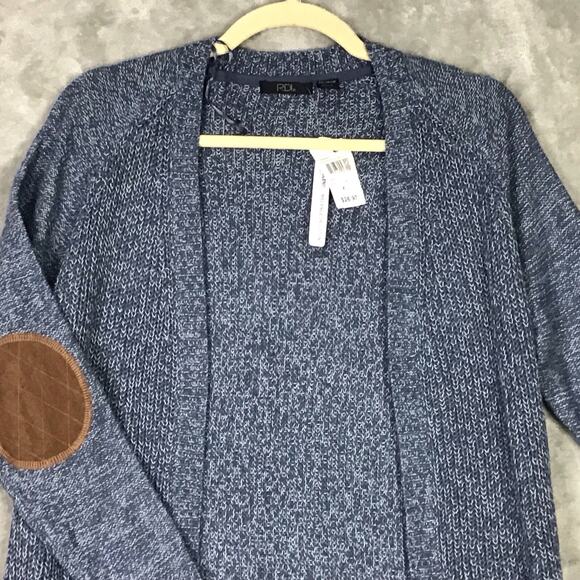 RDI Womens XS Blue Cardigan Sweater Elbow Patches Pockets Cotton Blend NWT - Picture 10 of 10
